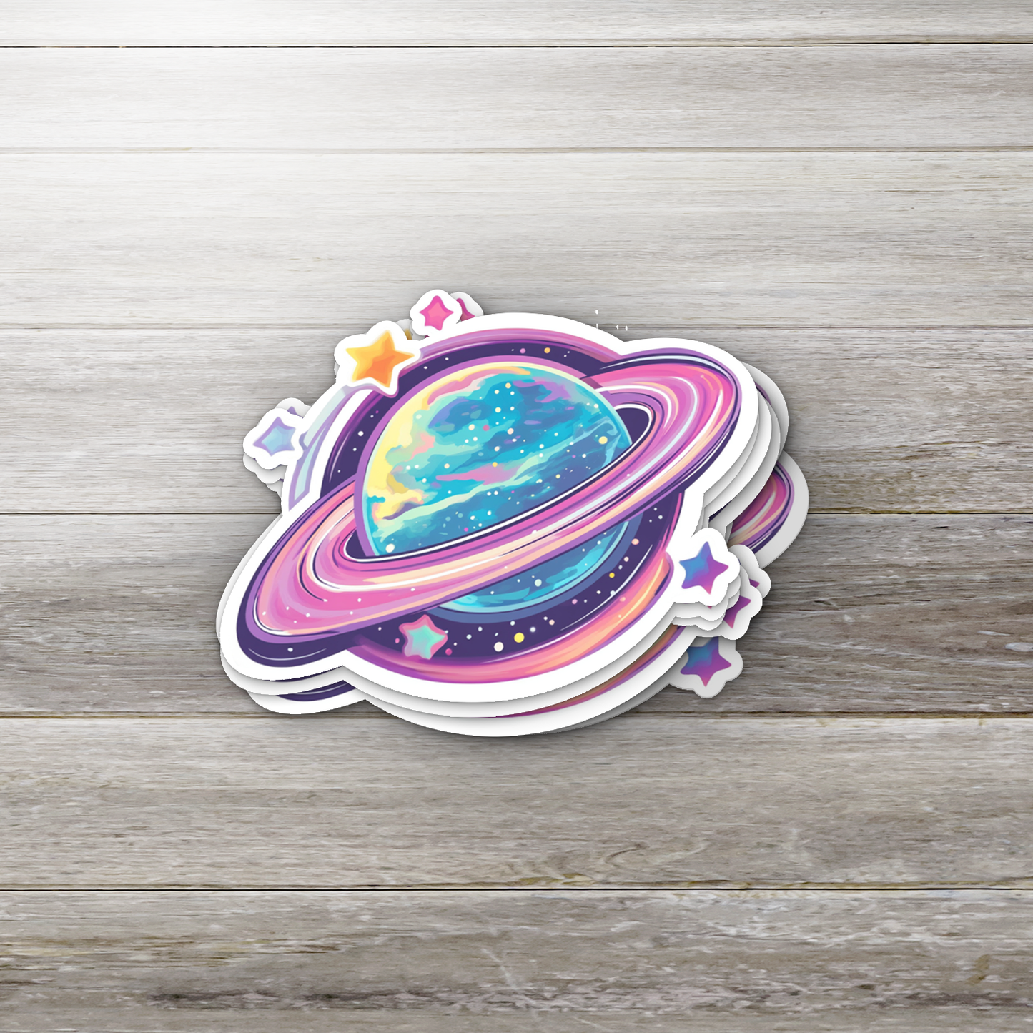Pastel Galaxy Planet Sticker – Holographic Style Saturn Vinyl Decal | Aesthetic Space Sticker for Water Bottle, Laptop, iPad, Journal