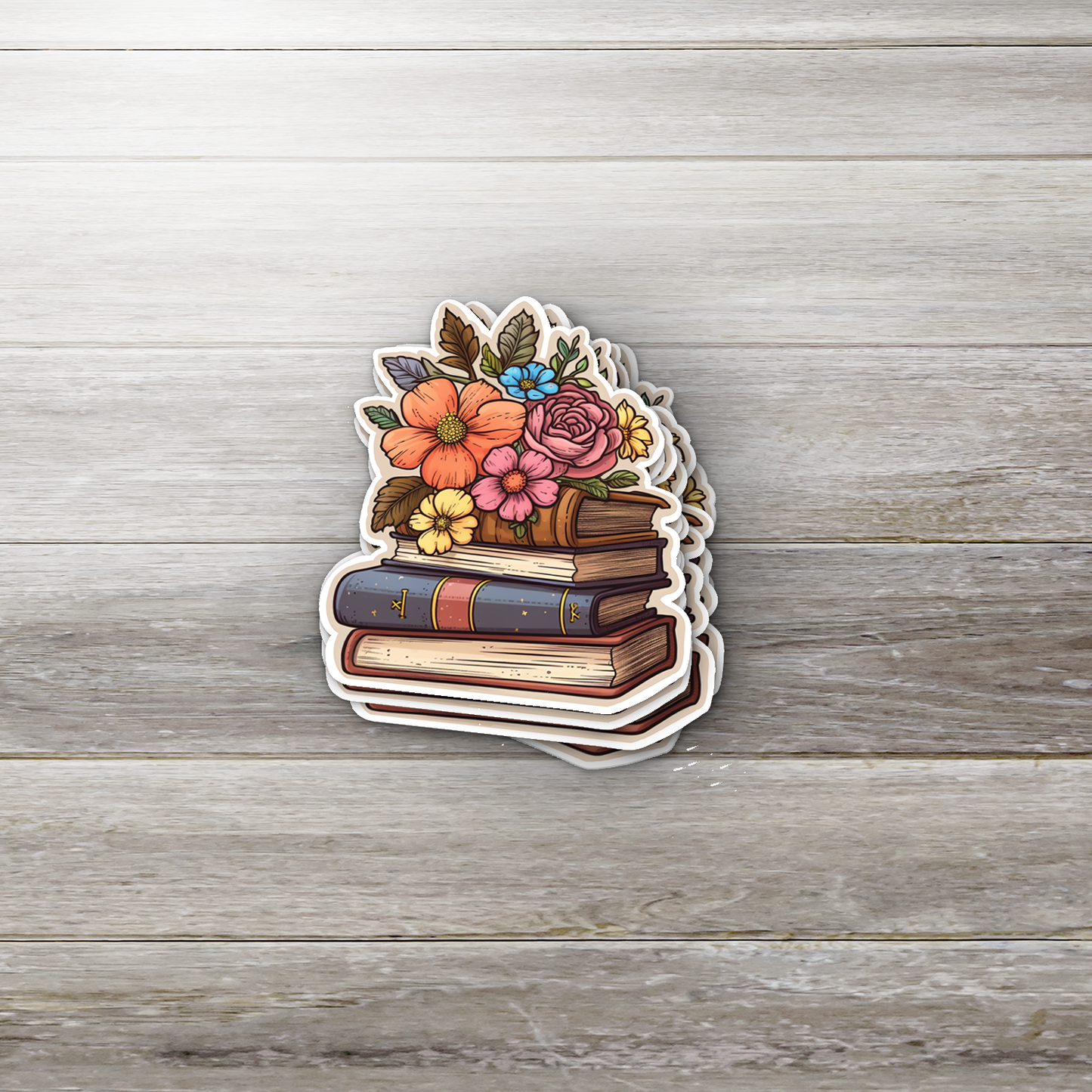 Floral Book Stack Vinyl Sticker – Vintage Book Lover Sticker with Flowers | Glossy Bookish Sticker for Kindle, Laptop, Water Bottle | Custom Reading Sticker