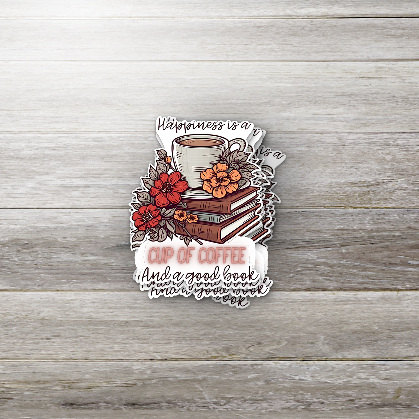 Happiness is Coffee and Books Sticker – Cozy Book Lover Gift, Waterproof Vinyl Decal