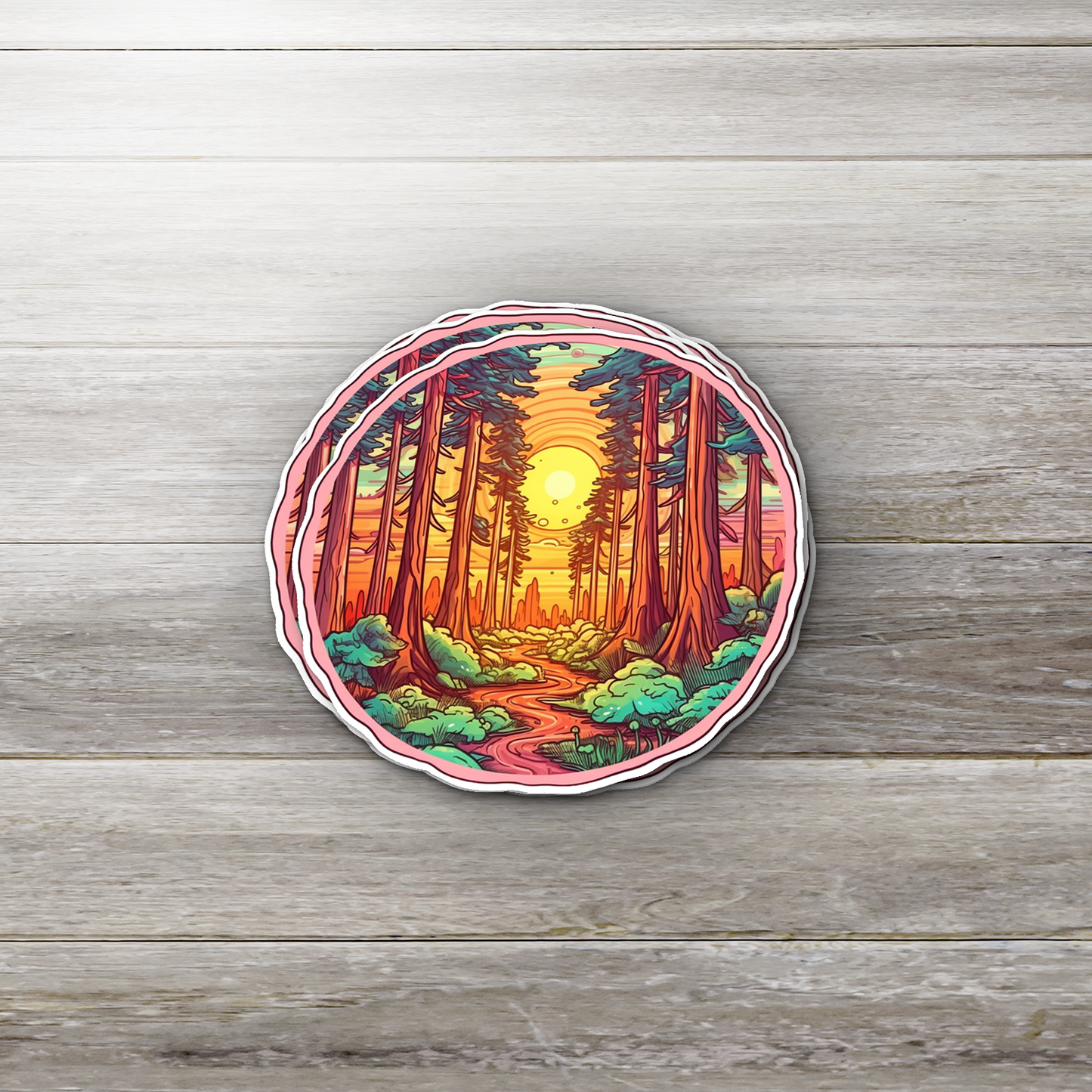 Forest Sunset Aesthetic Sticker – Nature Vinyl Decal for Laptop, Water Bottle & Journal