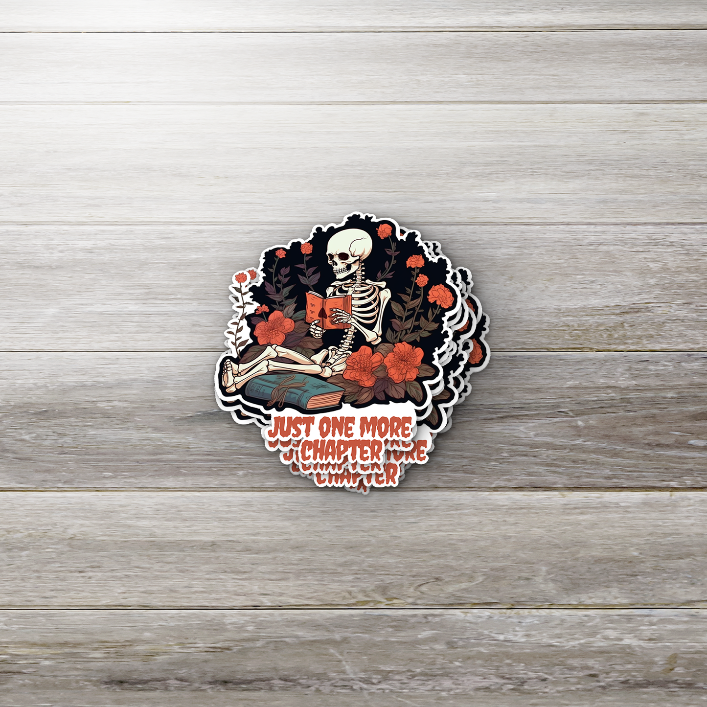 Just One More Chapter Skeleton Sticker – Funny Book Lover Gift, Dark Academia Vinyl Decal