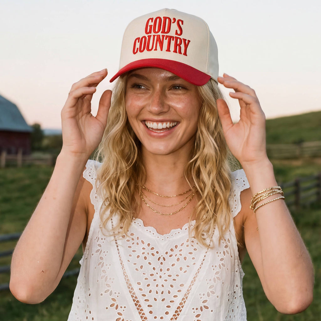 Embroidered “God’s Country” Hat • Western Trucker Hat • Country Style Two-Tone Cap
