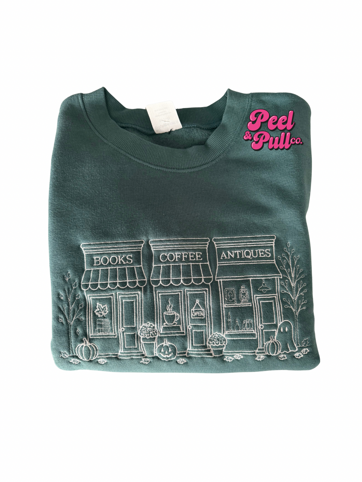 Books Coffee & Antiques Embroidered Crewneck | Emerald Green Fall Sweatshirt