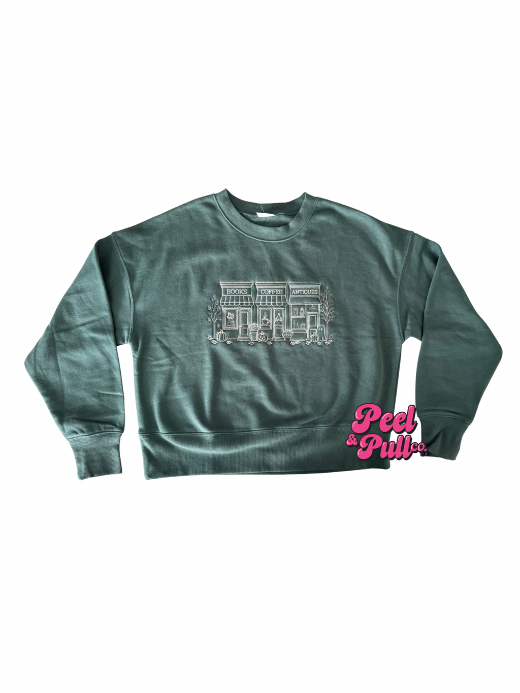 Books Coffee & Antiques Embroidered Crewneck | Emerald Green Fall Sweatshirt