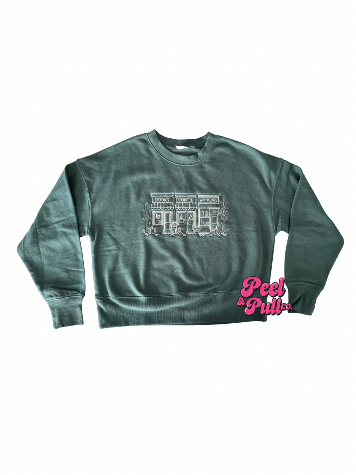 Books Coffee & Antiques Embroidered Crewneck | Emerald Green Fall Sweatshirt
