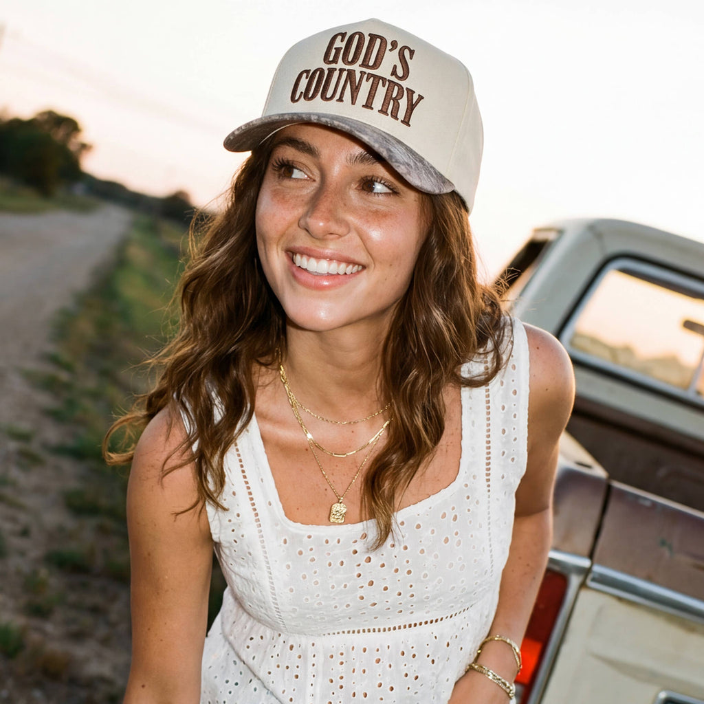 Embroidered “God’s Country” Hat • Western Trucker Hat • Country Style Two-Tone Cap