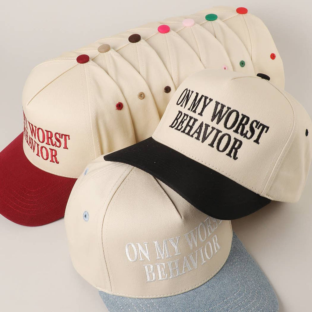 Embroidered “On My Worst Behavior” Hat • Funny Statement Trucker Hat • Trendy Two-Tone Cap