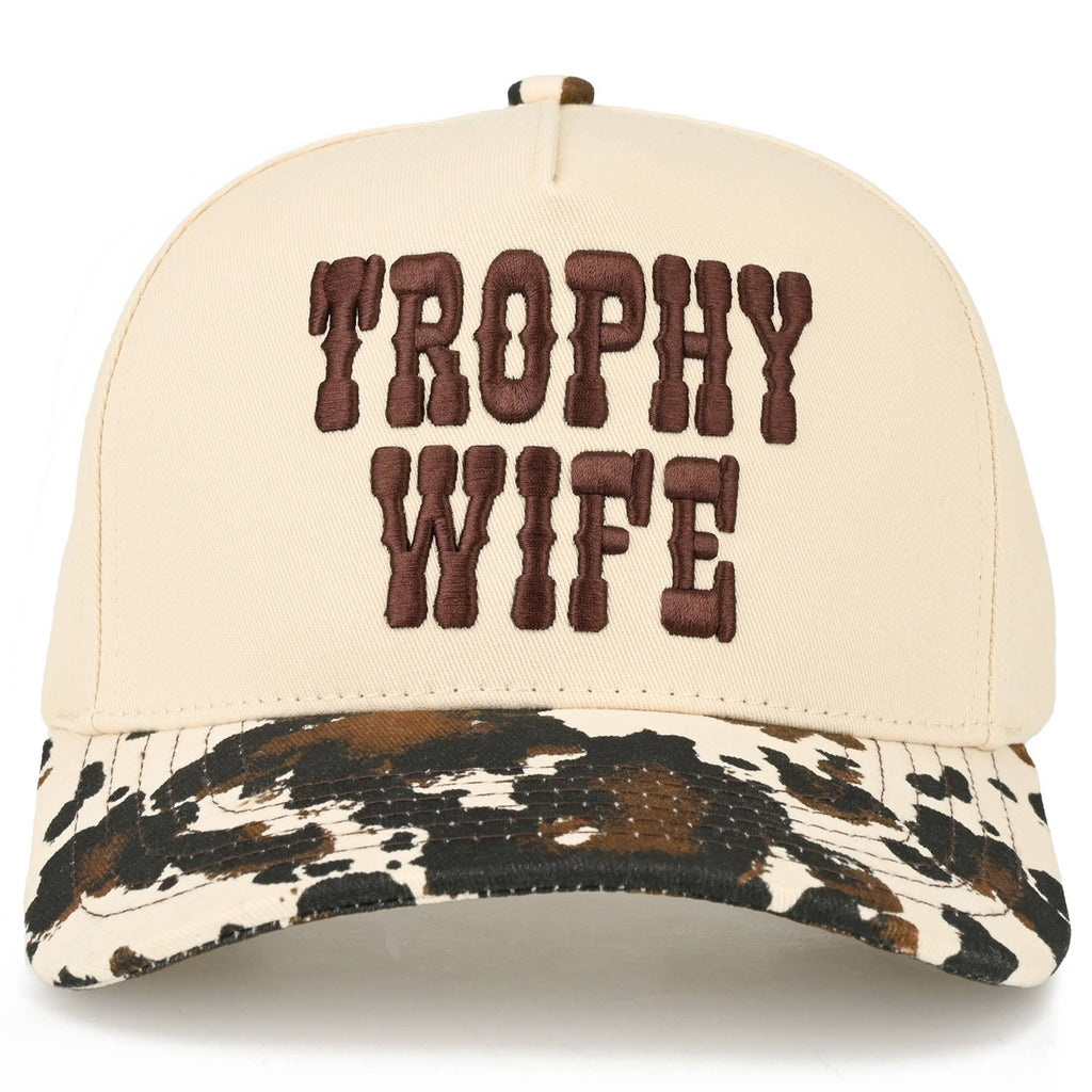 “Trophy Wife” Embroidered Hat • Cow Print Trucker Hat • Western Aesthetic Cap • Funny Statement Hat