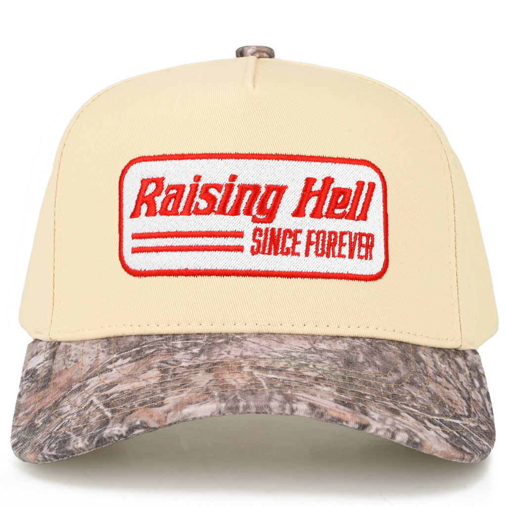 Embroidered “Raising Hell Since Forever” Hat • Western Trucker Hat • Vintage Style Two-Tone Cap