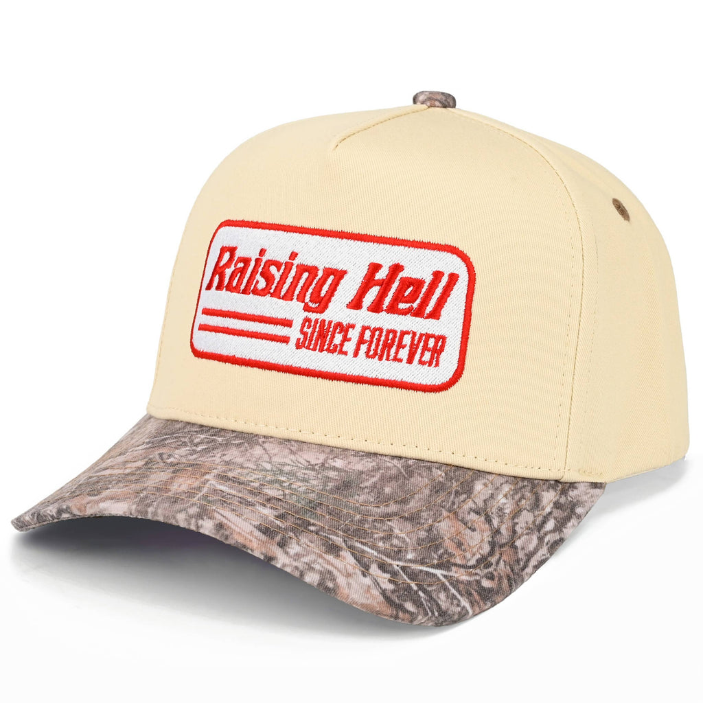 Embroidered “Raising Hell Since Forever” Hat • Western Trucker Hat • Vintage Style Two-Tone Cap