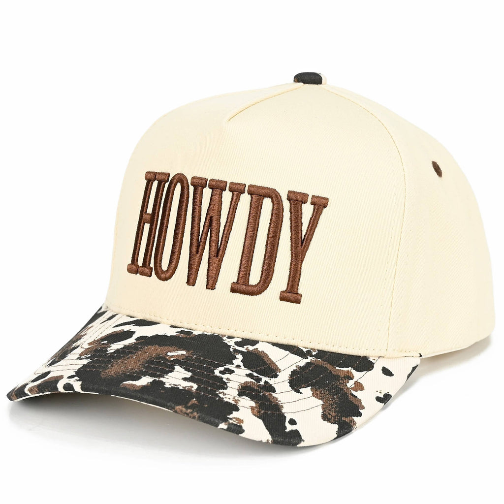 Embroidered “Howdy” Hat • Western Cow Print Trucker Hat • Country Style Two-Tone Cap
