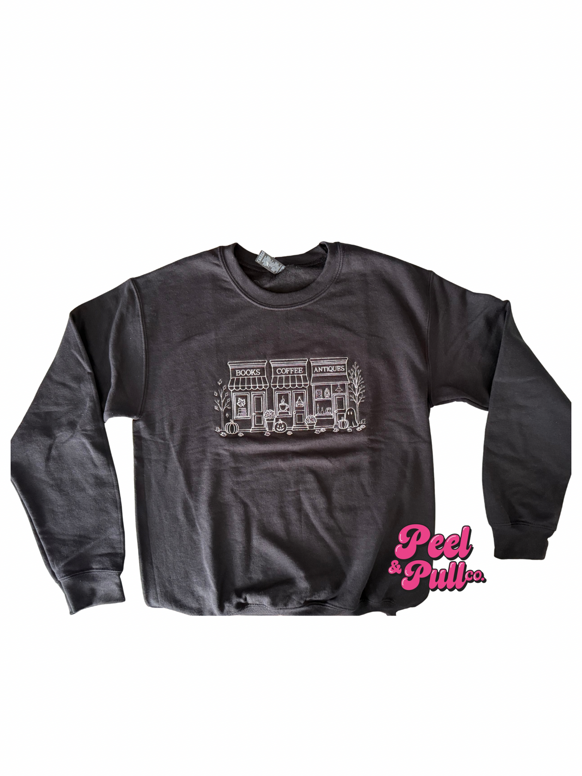 Books Coffee & Antiques Embroidered Black Crewneck Sweatshirt | Cozy Fall Bookish Sweater