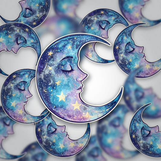 Celestial Moon Face Sticker – Cosmic Galaxy Witchy Vinyl Sticker for Laptops, Journals & Water Bottles