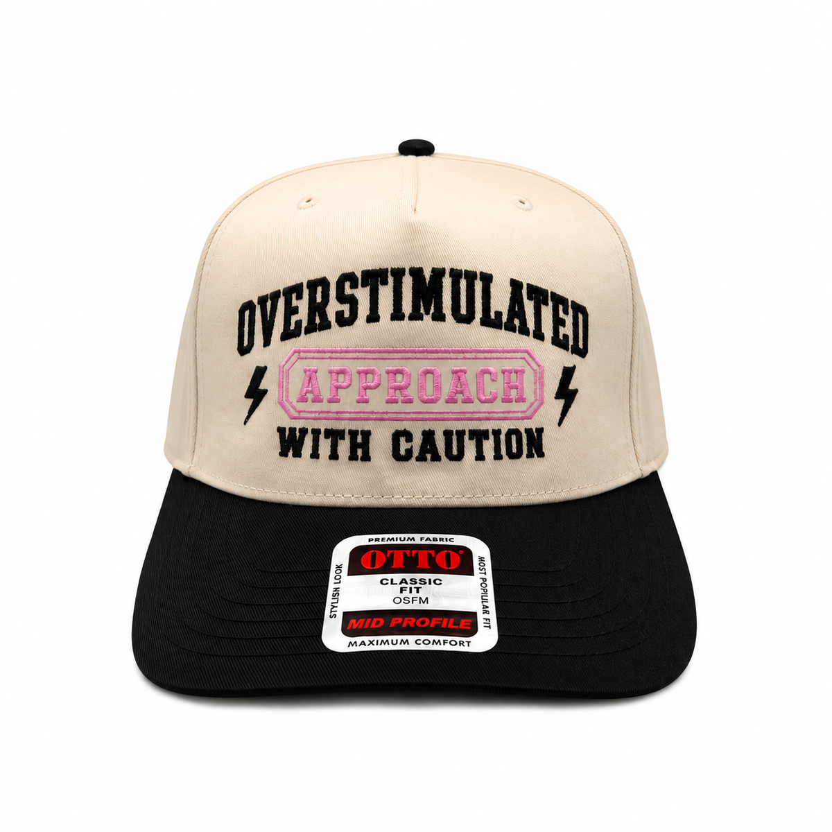 Overstimulated Approach With Caution Embroidered Hat – Pink or Black Bill