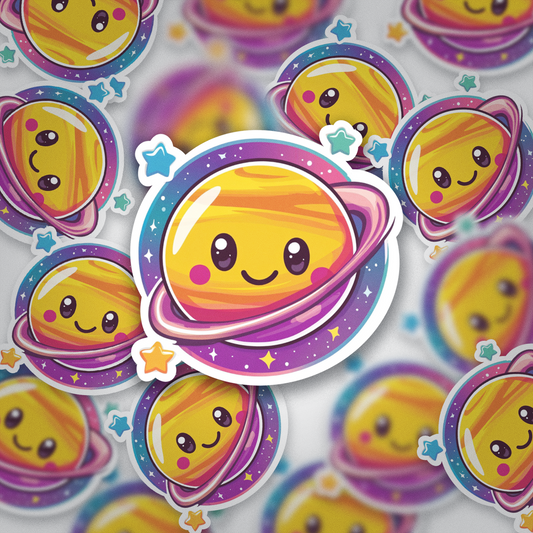 Kawaii Planet Sticker – Cute Space Vinyl Decal | Smiling Saturn Aesthetic Sticker | Galaxy Themed Die Cut for Water Bottle, Laptop, Journal, iPad