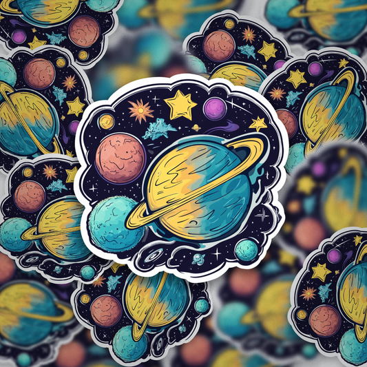 Retro Space Planet Sticker – Galaxy Vinyl Decal | Custom Planetary Sticker for Water Bottle, Kindle, Laptop, iPad, or Journal