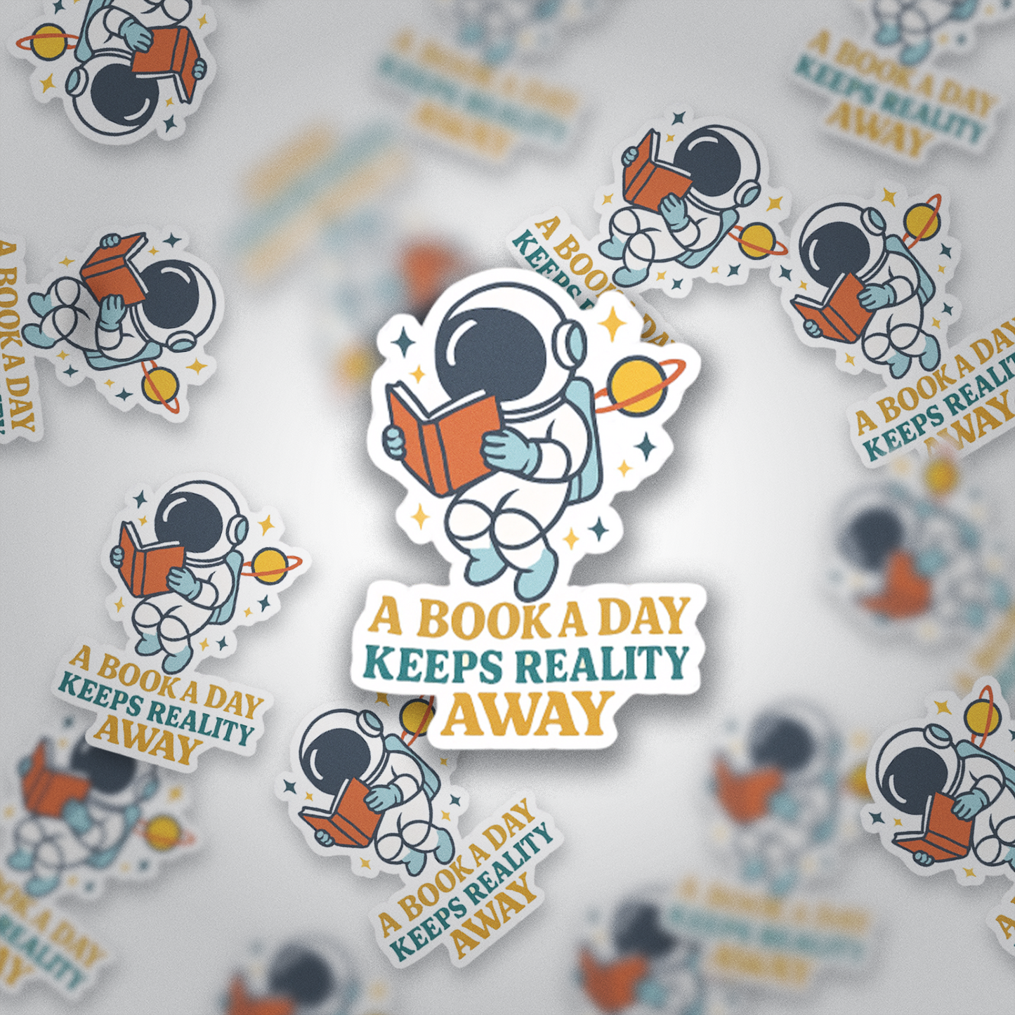 A Book a Day Keeps Reality Away Sticker | Bookish Vinyl Waterproof Sticker | Reading Astronaut Celestial Gift for Readers & Journals