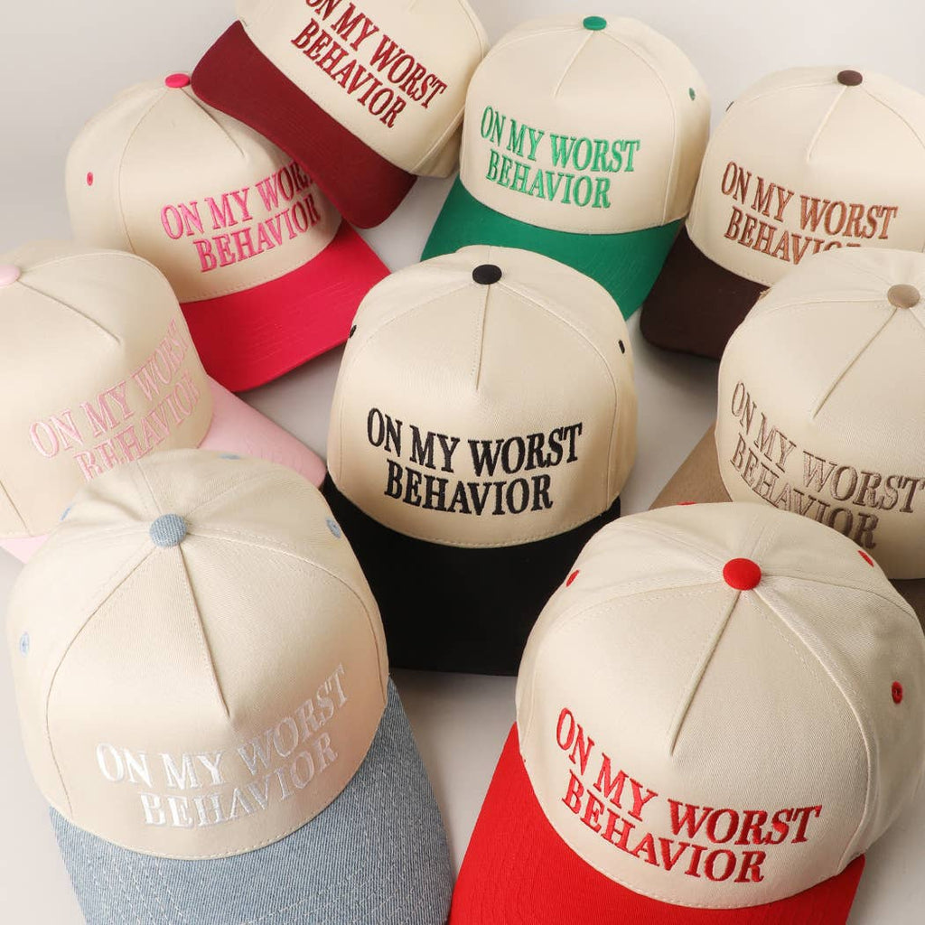 Embroidered “On My Worst Behavior” Hat • Funny Statement Trucker Hat • Trendy Two-Tone Cap
