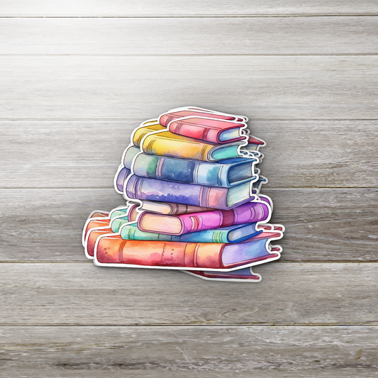 Rainbow Book Stack Sticker – Colorful Pastel Watercolor Vinyl Decal, Book Lover Gift, Aesthetic Reading Sticker