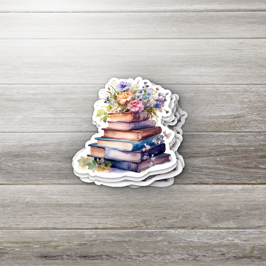 Floral Book Stack Sticker – Aesthetic Book Lover Vinyl Sticker, Watercolor Bookish Gift, BookTok Sticker for Journal, Kindle, or Laptop