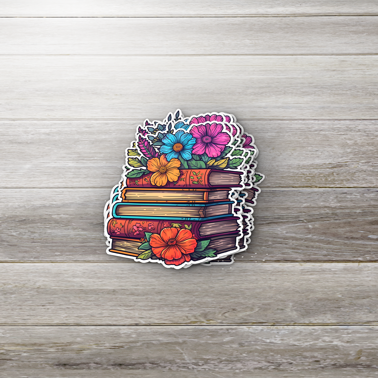 Floral Book Stack Sticker – Colorful Vinyl Sticker for Book Lovers, Journals, Kindles & Laptops