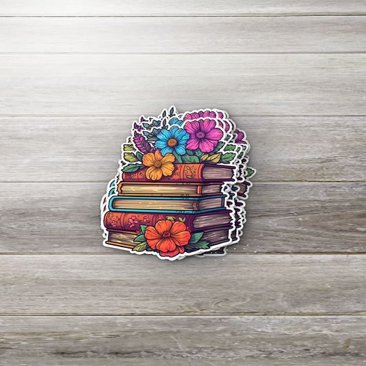 Floral Book Stack Sticker – Colorful Vinyl Sticker for Book Lovers, Journals, Kindles & Laptops