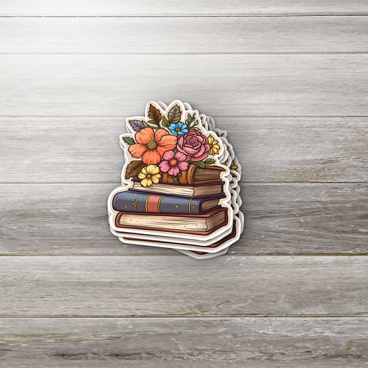 Floral Book Stack Vinyl Sticker – Vintage Book Lover Sticker with Flowers | Glossy Bookish Sticker for Kindle, Laptop, Water Bottle | Custom Reading Sticker