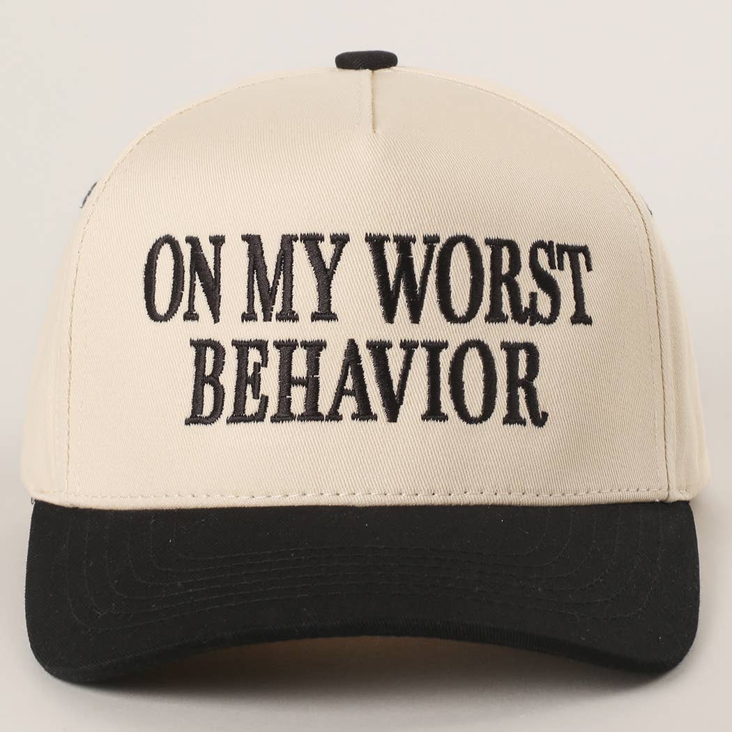 Embroidered “On My Worst Behavior” Hat • Funny Statement Trucker Hat • Trendy Two-Tone Cap