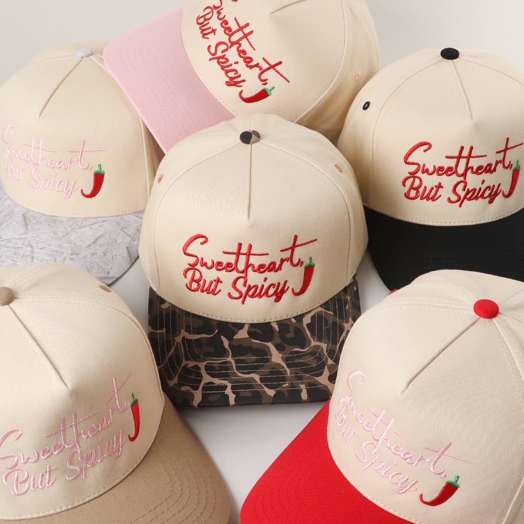 Embroidered “Sweetheart But Spicy” Hat • Leopard Brim Trucker Hat • Cute Western Statement Cap