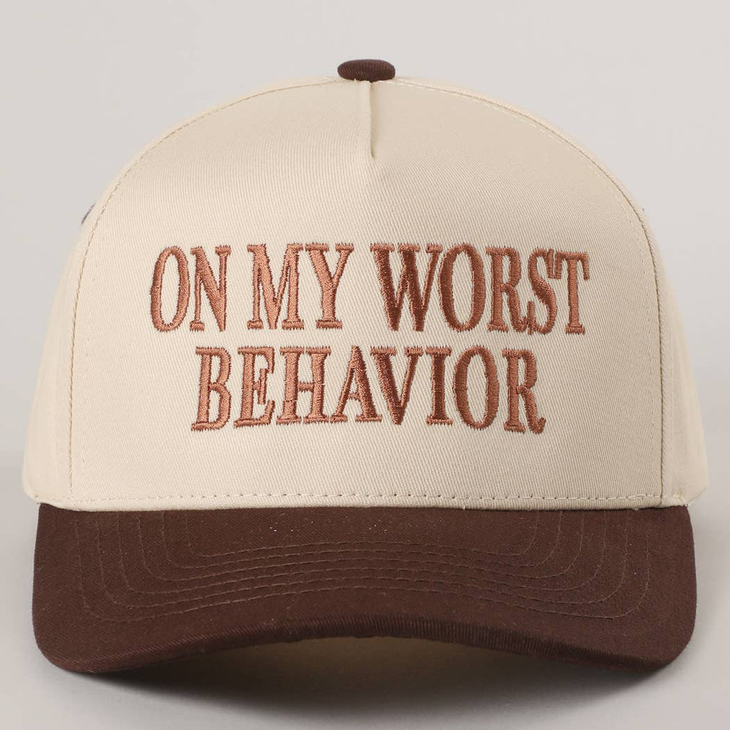 Embroidered “On My Worst Behavior” Hat • Funny Statement Trucker Hat • Trendy Two-Tone Cap