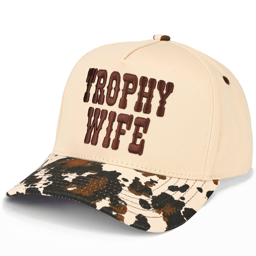 “Trophy Wife” Embroidered Hat • Cow Print Trucker Hat • Western Aesthetic Cap • Funny Statement Hat