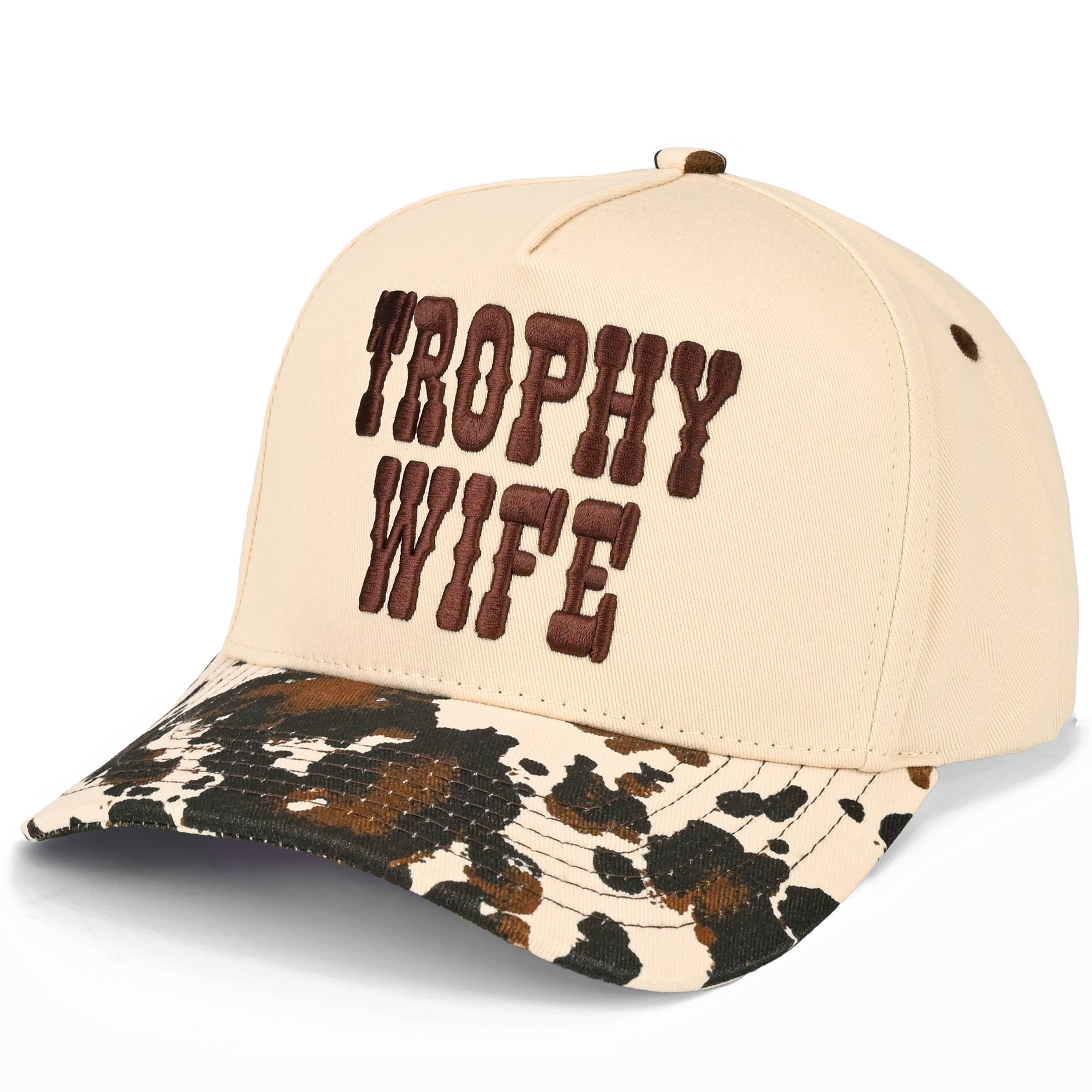 “Trophy Wife” Embroidered Hat • Cow Print Trucker Hat • Western Aesthetic Cap • Funny Statement Hat