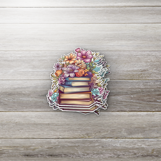 Floral Book Stack Sticker – Aesthetic Book Lover Vinyl Sticker for Readers & Journals