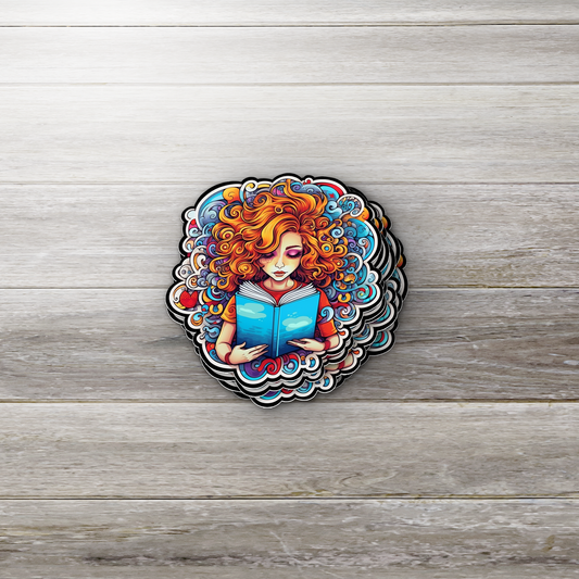 Reading Girl Sticker – Whimsical Book Lover Vinyl Decal, Curly Hair Illustration, Colorful Fantasy Sticker for Readers & Journals