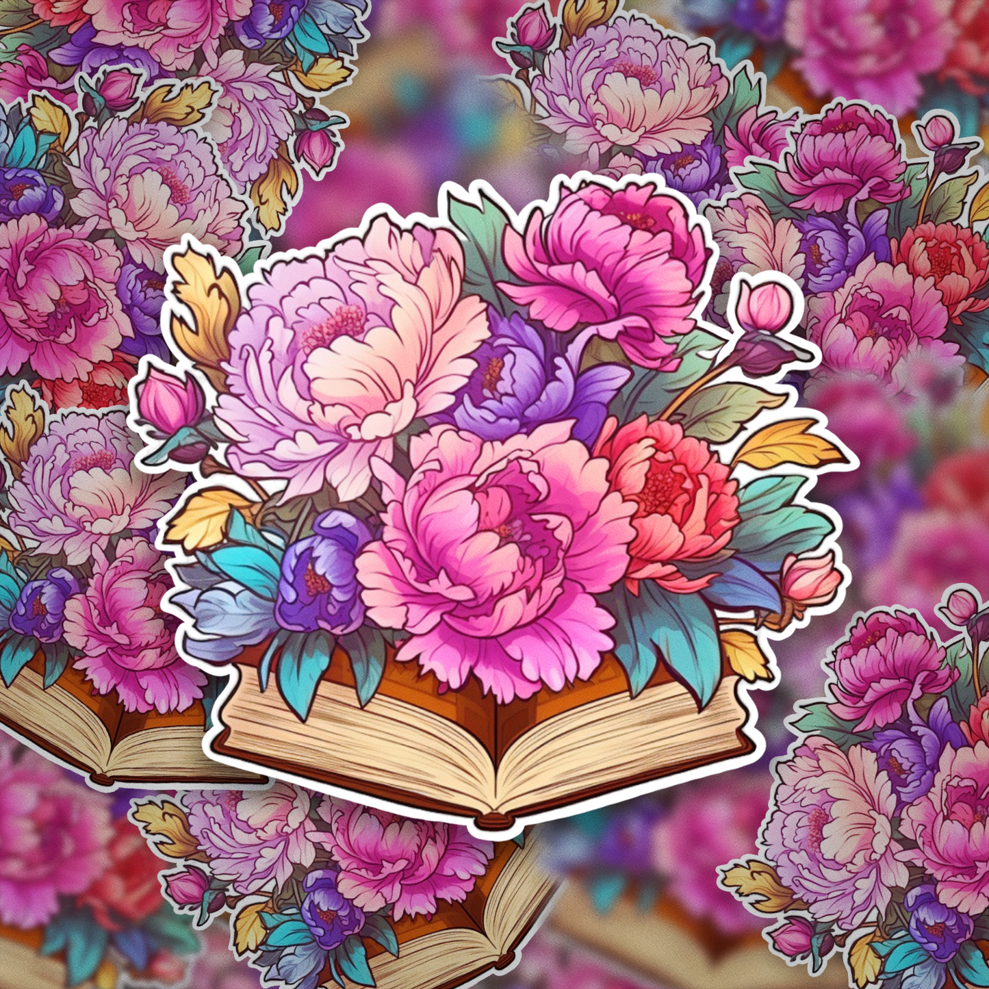 Floral Book Sticker – Colorful Peony Bloom Vinyl Decal, Bookish Aesthetic for Readers, Journals, and Book Lovers