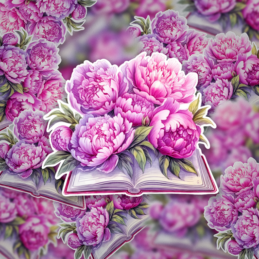 Peony Book Sticker – Pink Floral Book Lover Vinyl Sticker, Romantic Bookish Gift, Water Bottle Sticker, Aesthetic Reading Decal, Book Journal Sticker