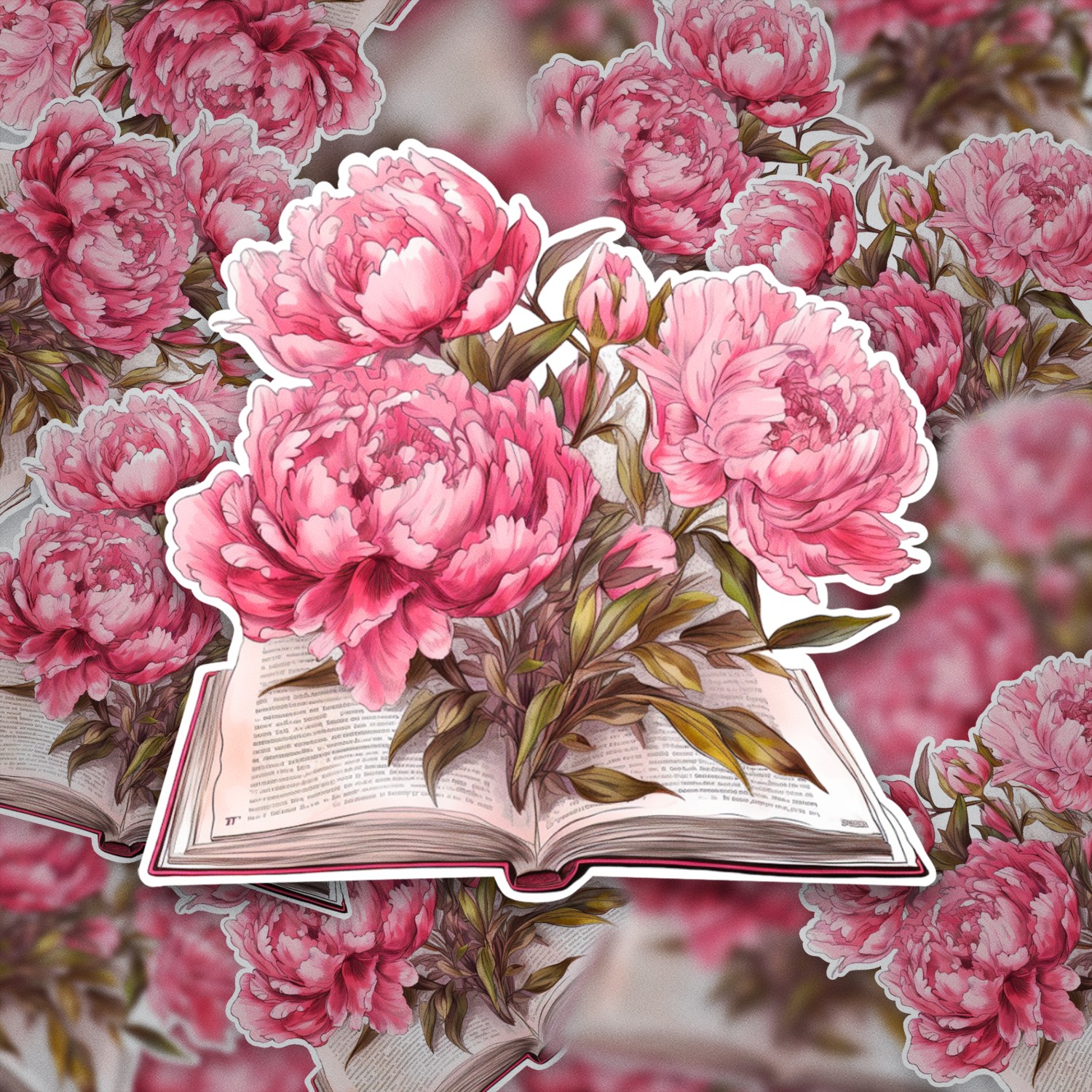 Peony Book Sticker – Romantic Open Book with Peonies Vinyl Decal, Book Lover Floral Sticker, Aesthetic Reading Gift