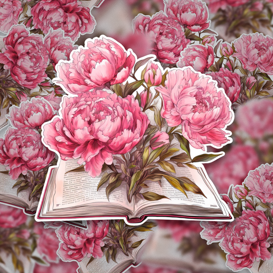 Peony Book Sticker – Romantic Open Book with Peonies Vinyl Decal, Book Lover Floral Sticker, Aesthetic Reading Gift