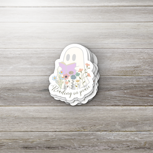 Reading in Peace Ghost Sticker – Cute Spooky Bookish Vinyl Sticker for Readers, Cozy Goth Ghost Aesthetic, Halloween Book Lover Gift