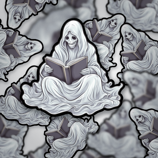 Skeleton Reading Sticker – Spooky Book Lover Ghost Vinyl Sticker, Goth Aesthetic BookTok Decal, Halloween Horror Reader Gift