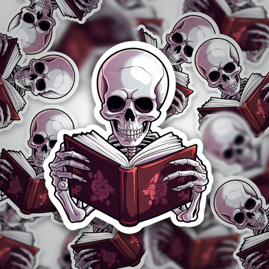 Skeleton Reading Sticker – Funny Gothic Book Lover Sticker, Dark Academia Vinyl Decal, Halloween Bookish Gift, Spooky Reader Sticker for Kindle or Water Bottle