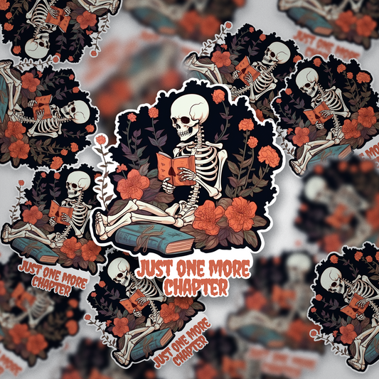 Just One More Chapter Skeleton Sticker – Funny Book Lover Gift, Dark Academia Vinyl Decal