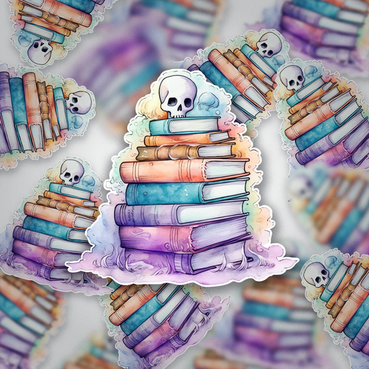 Pastel Skull & Book Stack Sticker – Dark Academia Vinyl Sticker for Book Lovers, Fantasy & Gothic Aesthetic Decal, Creepy Cute Reader Gift