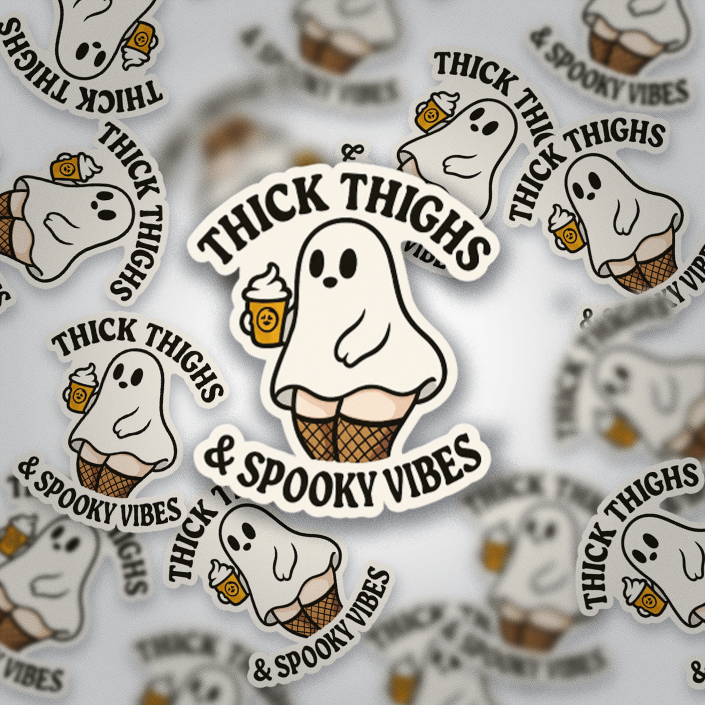 Thick Thighs & Spooky Vibes Sticker | Halloween Ghost Vinyl | Glossy Witchy Fall Sticker