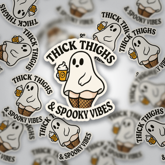 Thick Thighs & Spooky Vibes Sticker | Halloween Ghost Vinyl | Glossy Witchy Fall Sticker