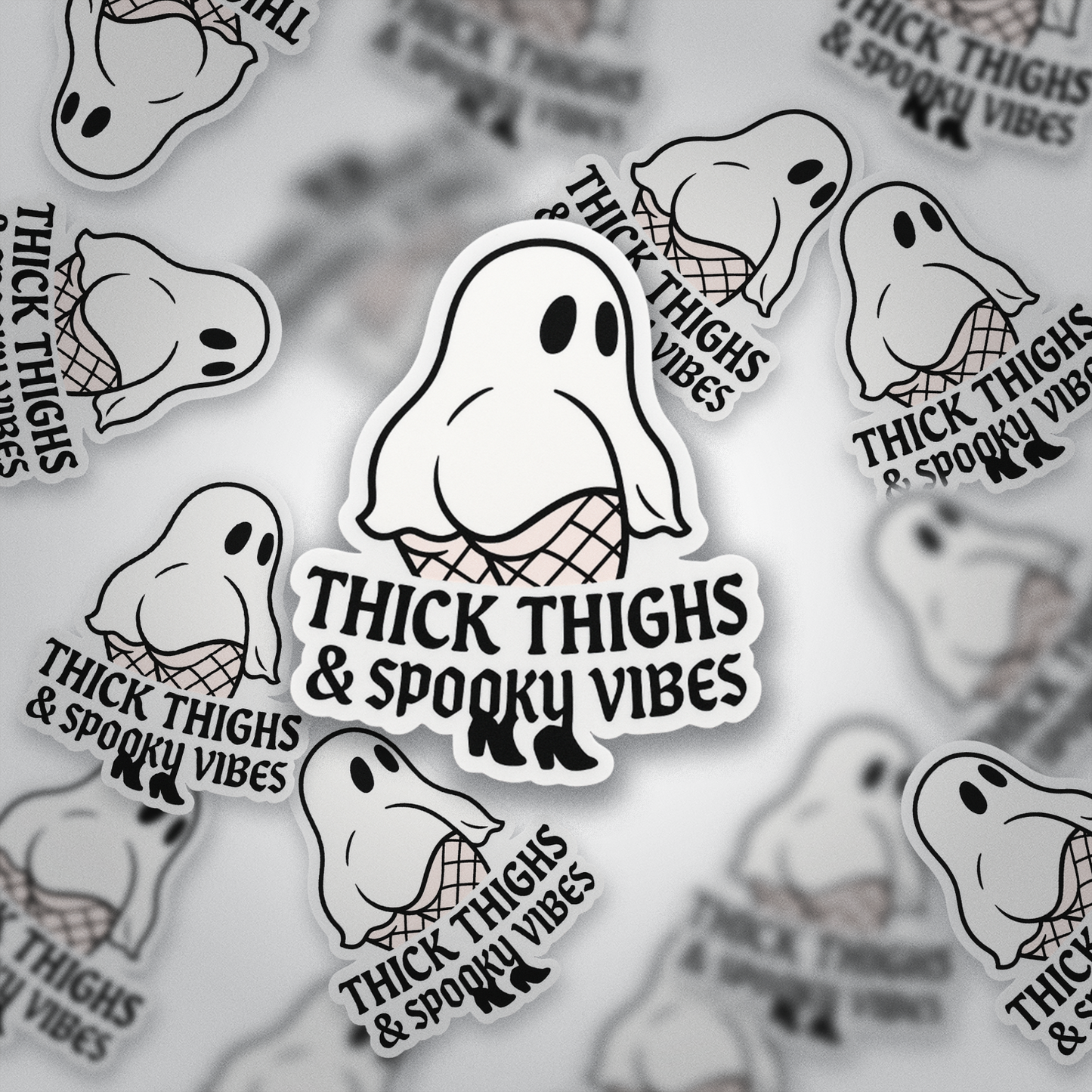 Thick Thighs & Spooky Vibes Sticker | Curvy Ghost in Fishnets | Glossy Halloween Vinyl