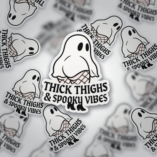 Thick Thighs & Spooky Vibes Sticker | Curvy Ghost in Fishnets | Glossy Halloween Vinyl