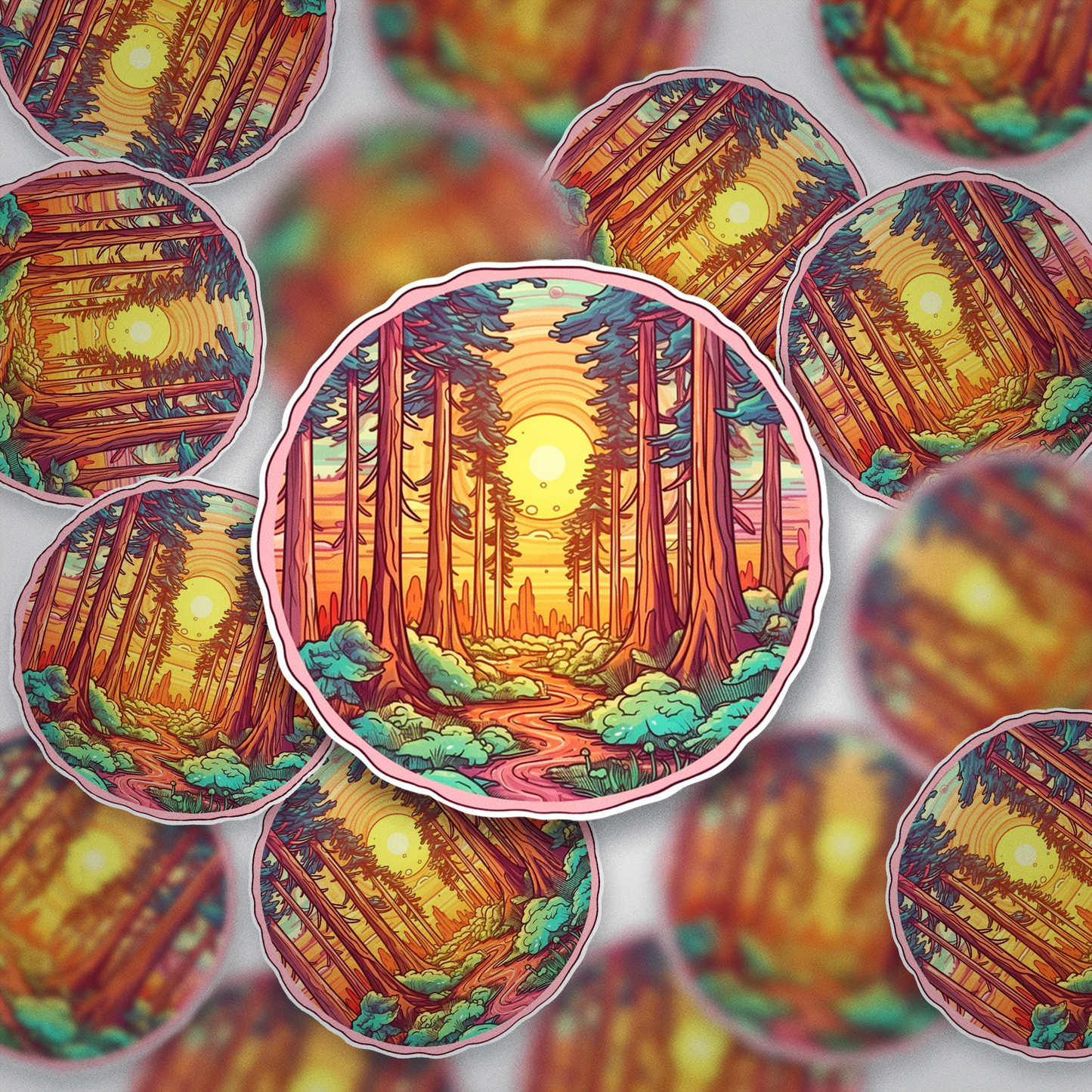 Forest Sunset Aesthetic Sticker – Nature Vinyl Decal for Laptop, Water Bottle & Journal