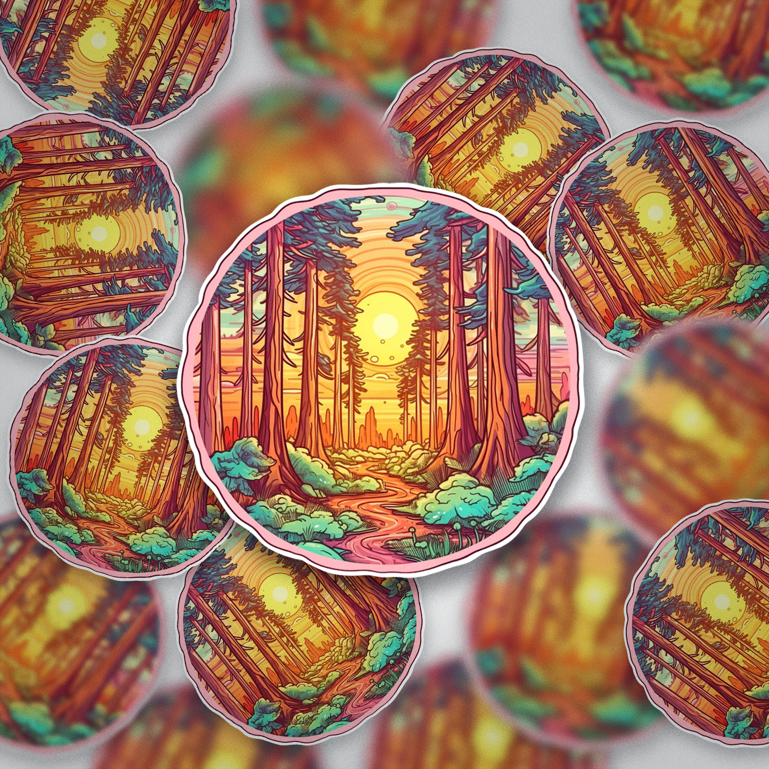 Forest Sunset Aesthetic Sticker – Nature Vinyl Decal for Laptop, Water Bottle & Journal